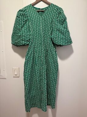 Green Floral Puff-Sleeve Midi Dress